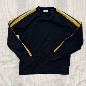 Vintage Sandro Men's Navy Sweater with Yellow and Blue Stripes
